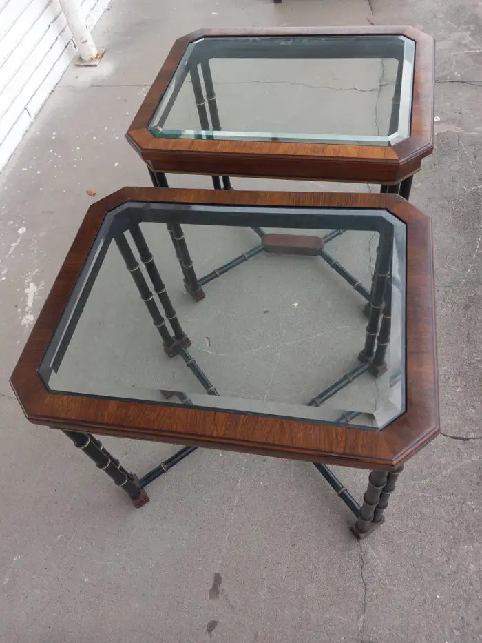 Mid-century modern faux bamboo end tables by John Widdicomb