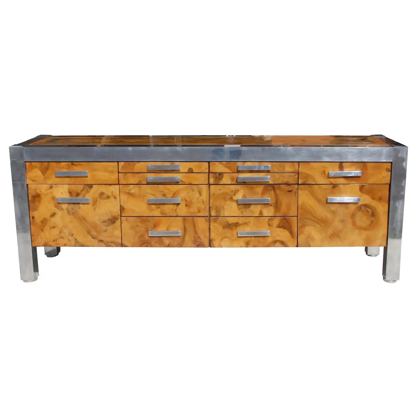 Burled wood and chrome vintage credenza