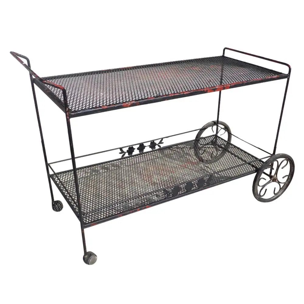 Vintage wrought iron bar cart with wheels