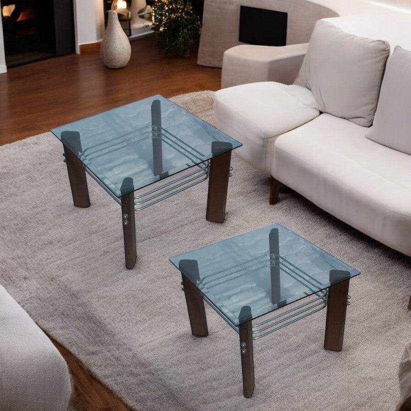 (2) Vintage Heinz Meier for Landes Glass Wood Chrome Side End Tables