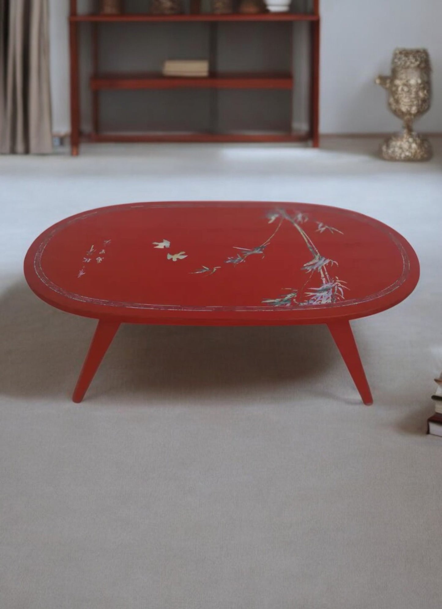 Chinese folding leg red lacquer coffee table with pearl inlay