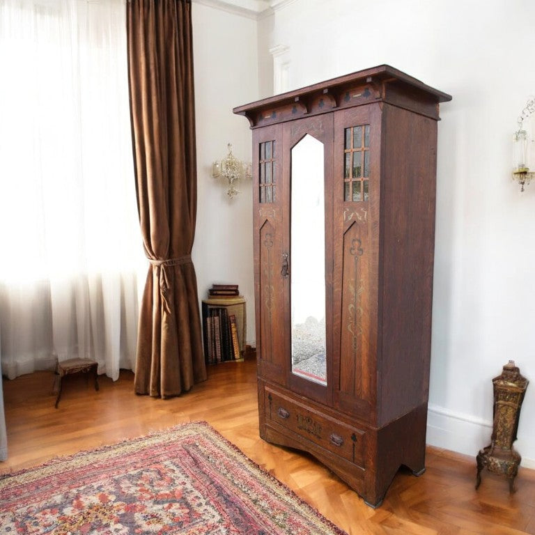 Tall vintage mission oak armoire cabinet