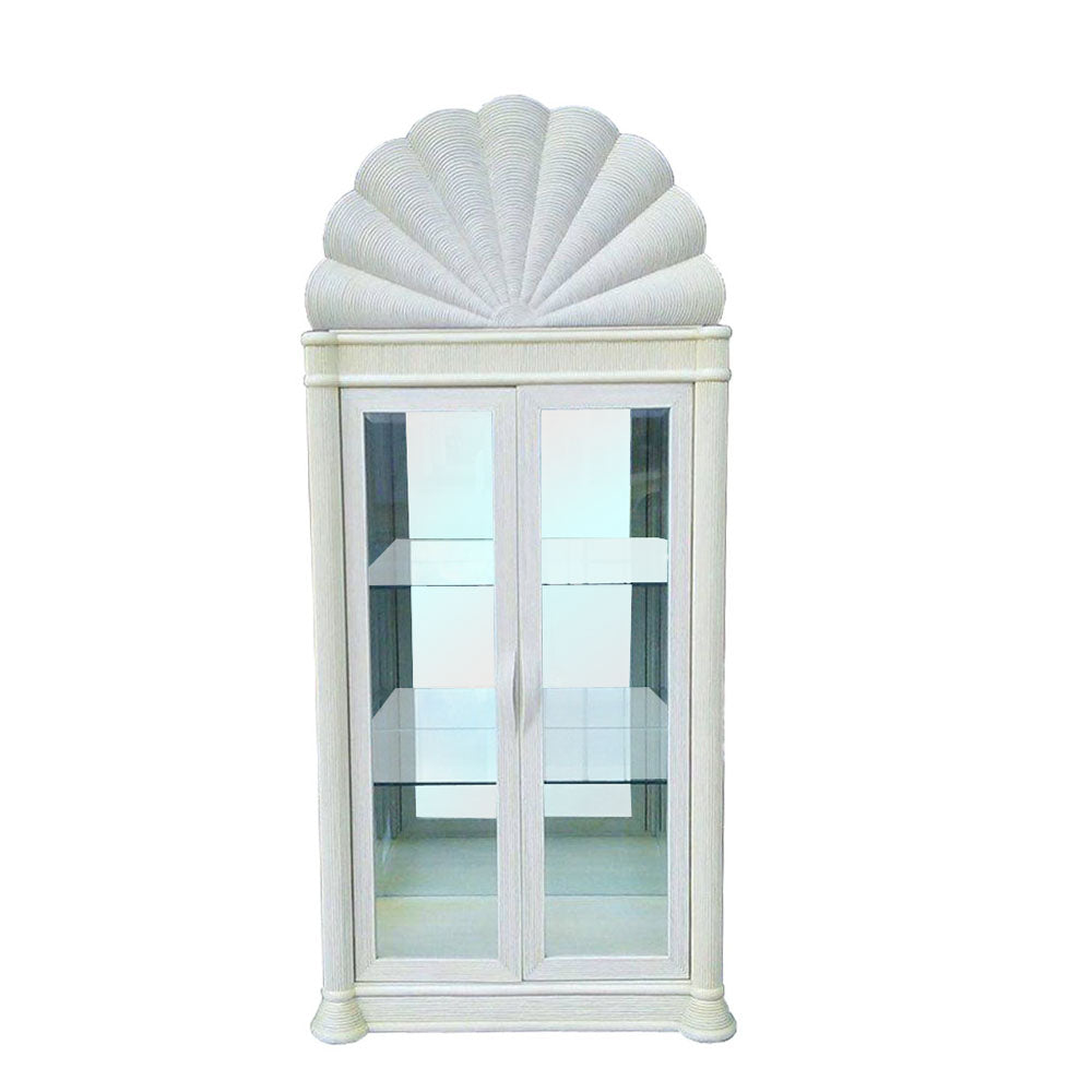 Large vintage 1980s glass display cabinet with clear shelves and retro design