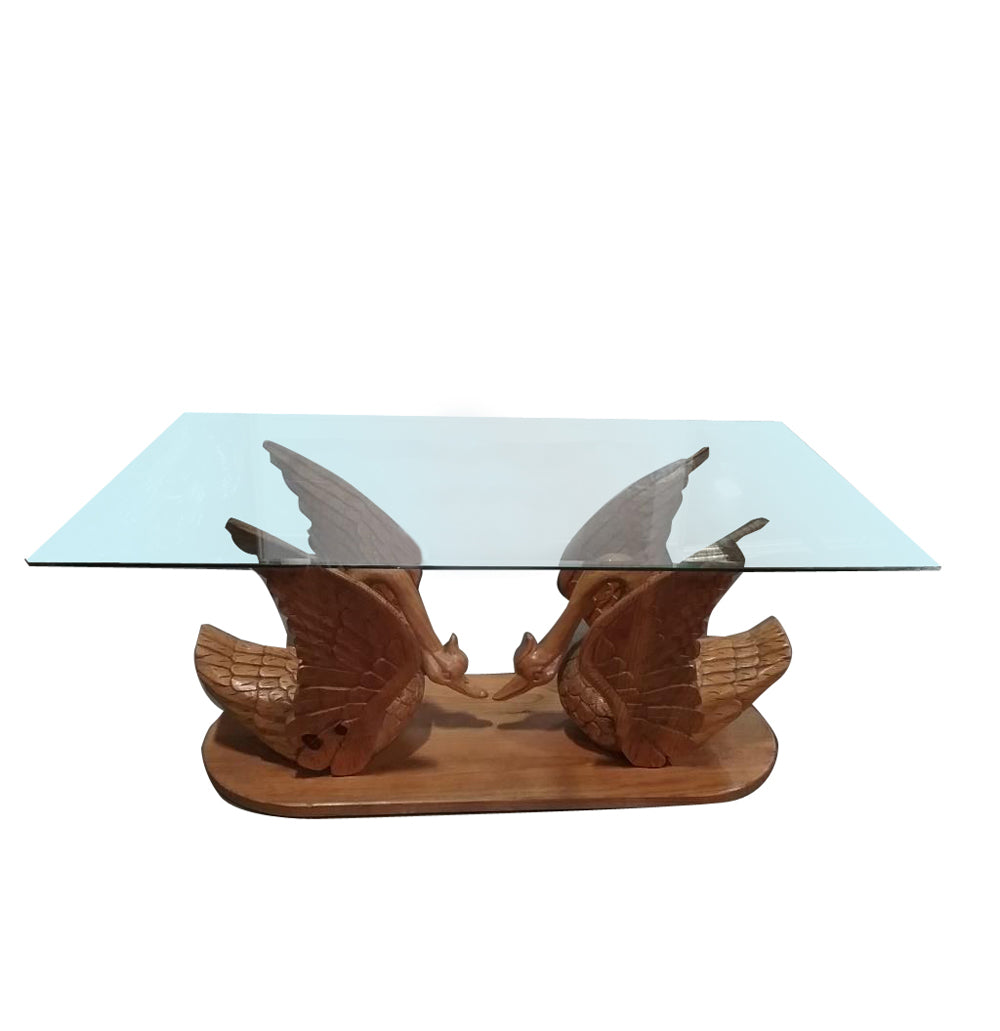 Indonesian swan sculpture table with rectangular glass top