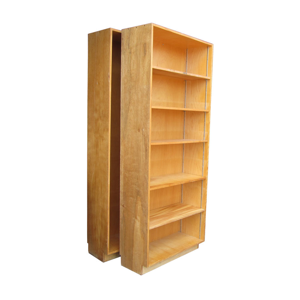 Pair of 84″ vintage solid maple book shelves with mid-century design