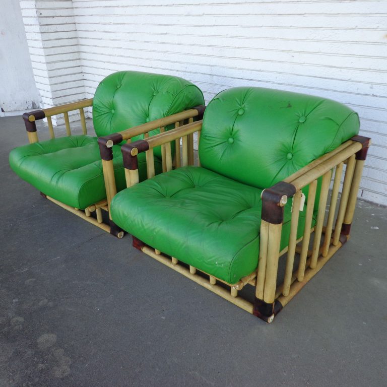Ficks Reed Tufted Green Rattan Lounge Chairs