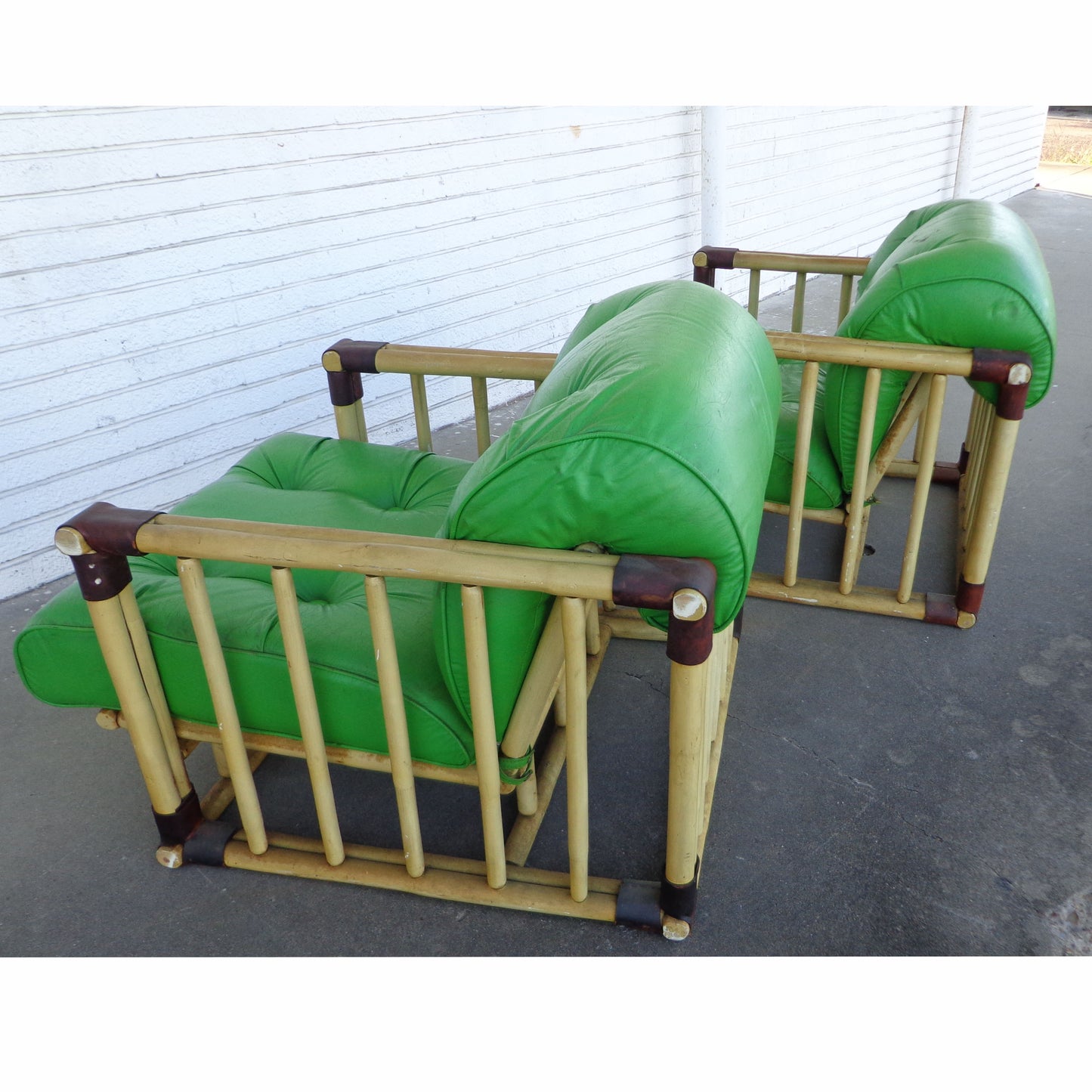 Ficks Reed Tufted Green Rattan Lounge Chairs
