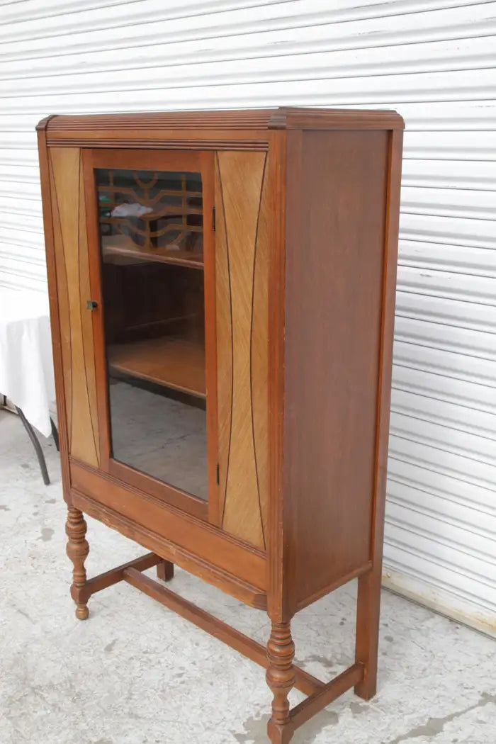 Antique Depression Era Dual Toned Walnut Display Cabinet by Myers/Spalti Mfg