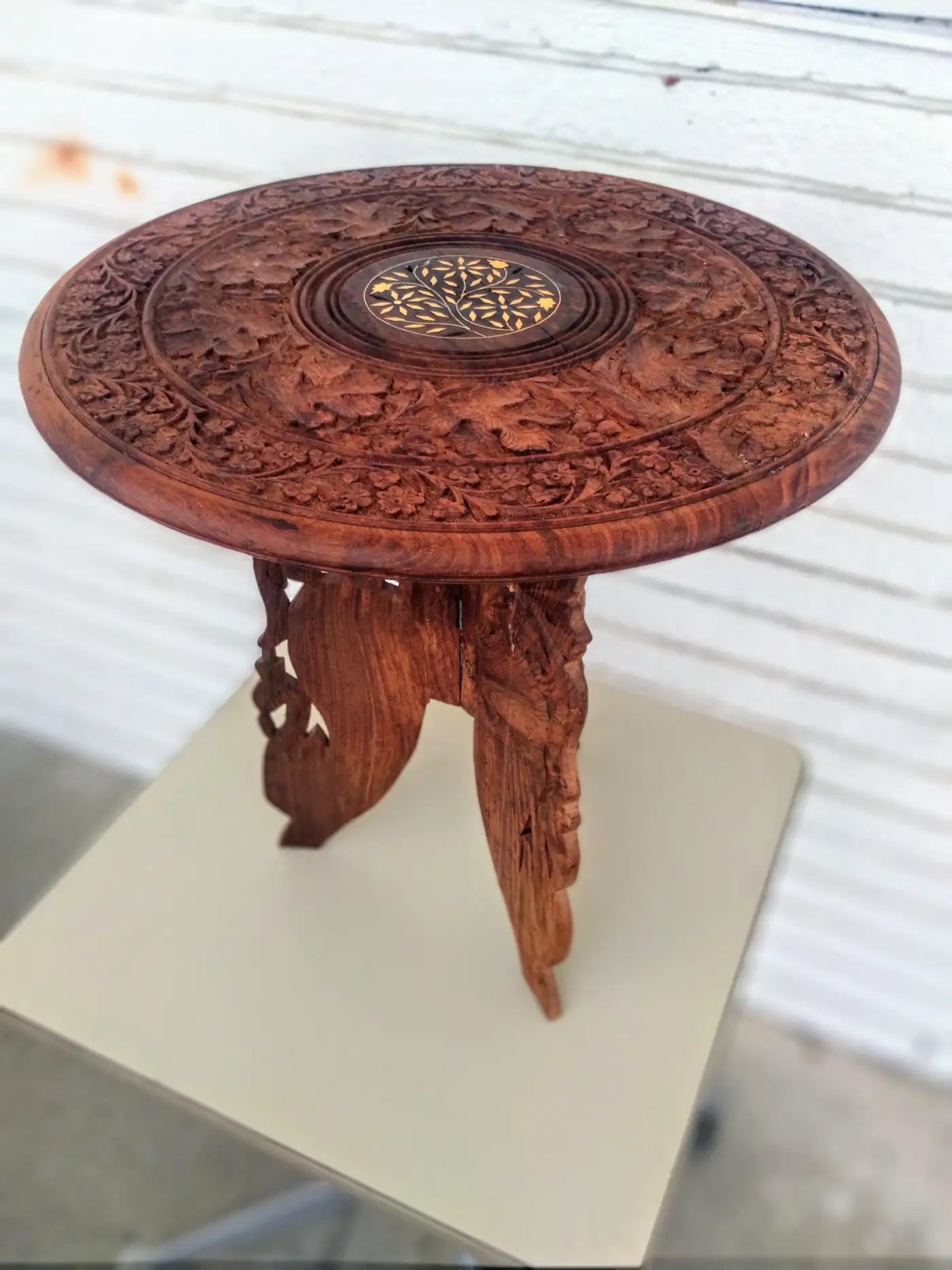 Carved Moroccan Brass Inlaid Side Table