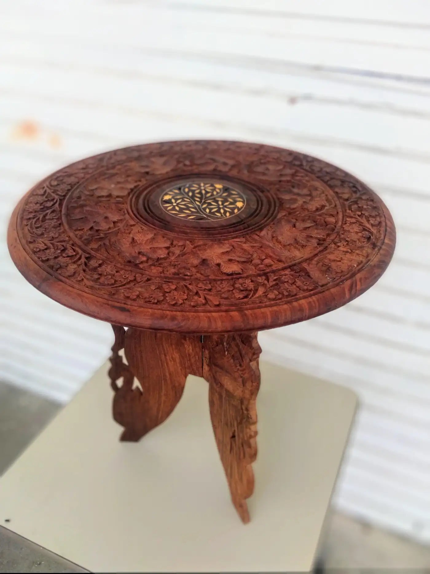 Carved Moroccan Brass Inlaid Side Table