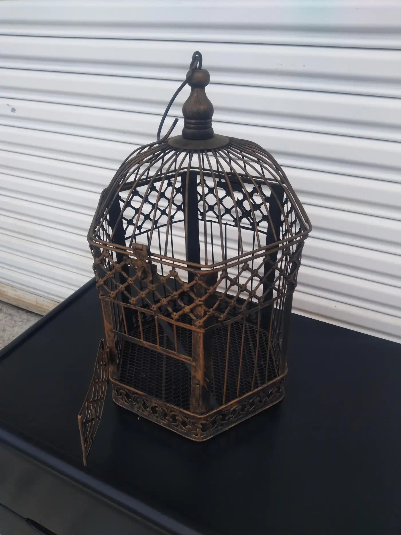 Ornate small metal bird cage with vintage charm