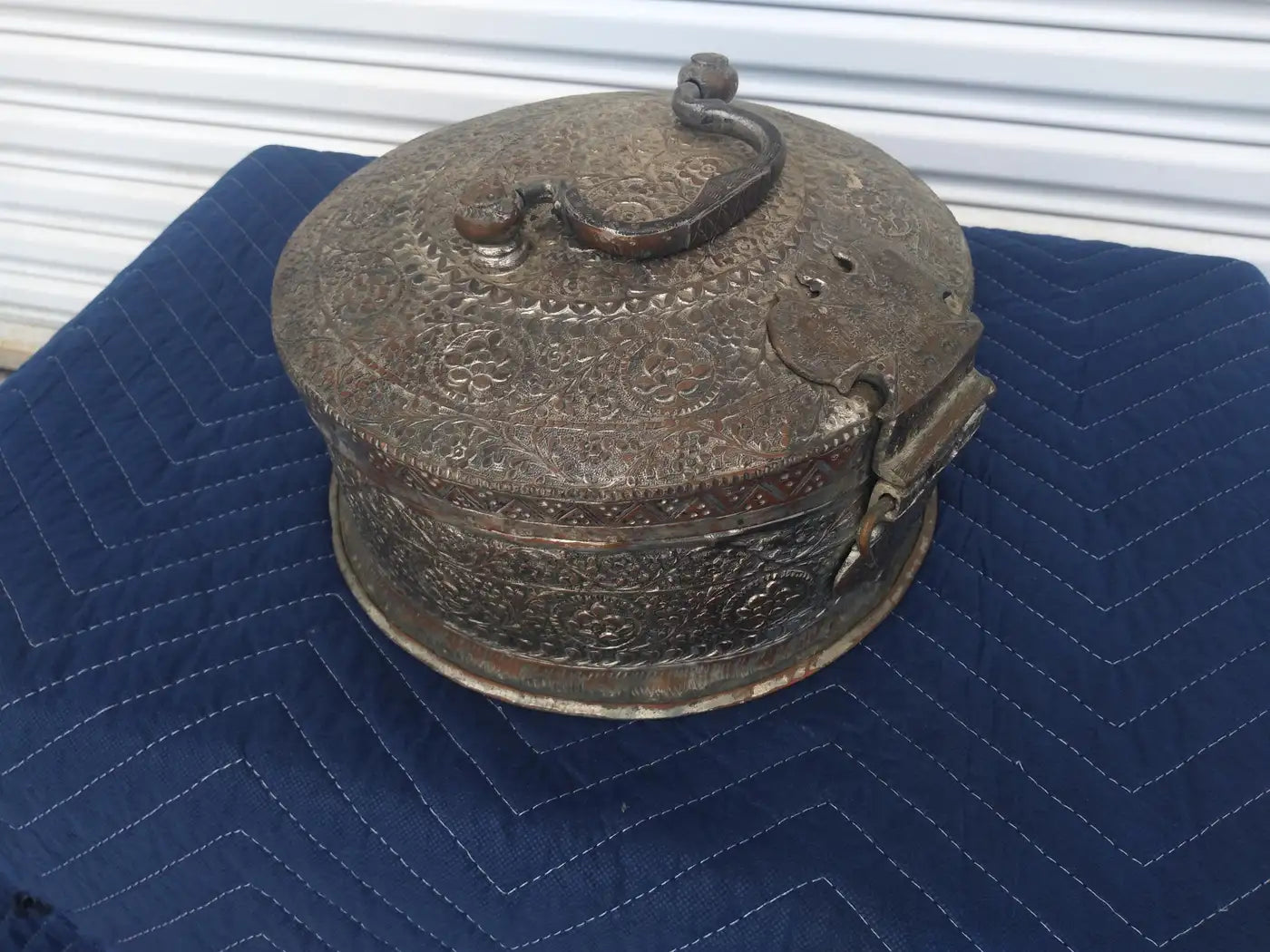 Vintage Indian tinned storage box with unique design
