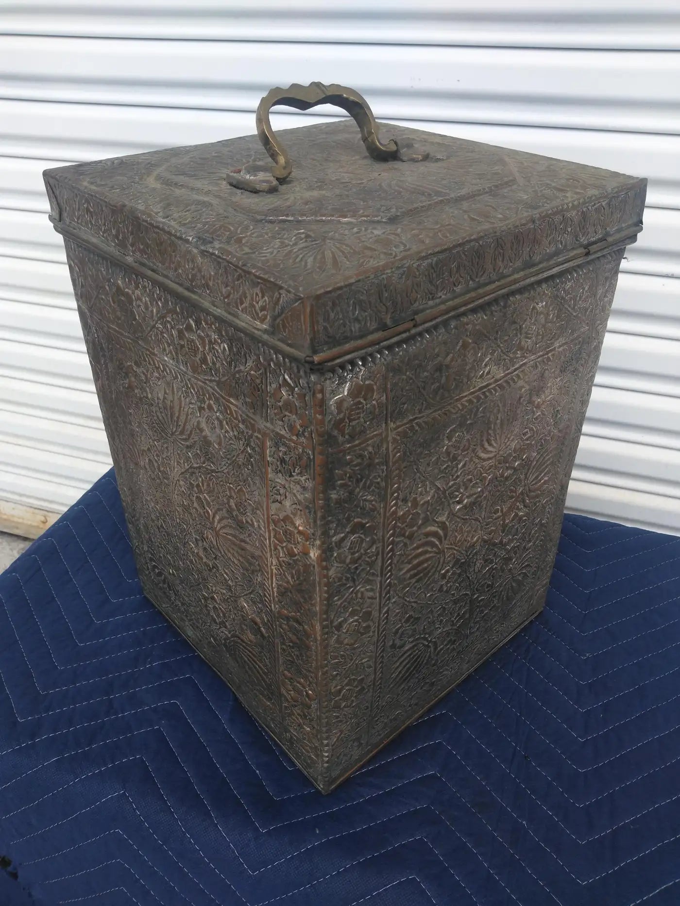 Middle Eastern style copper chest with intricate details