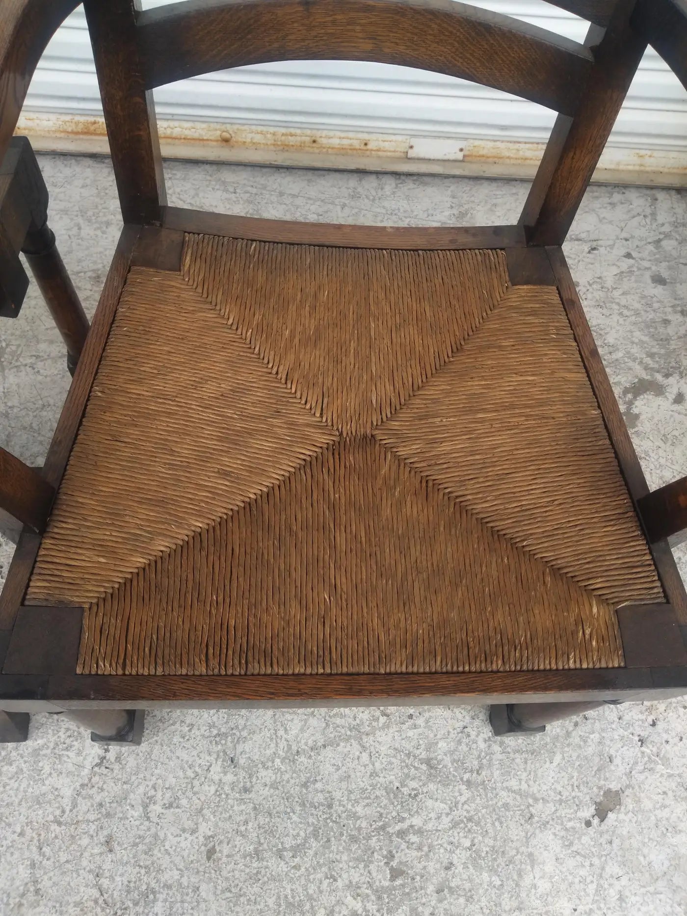 Vintage English oak dining chairs with rush seats