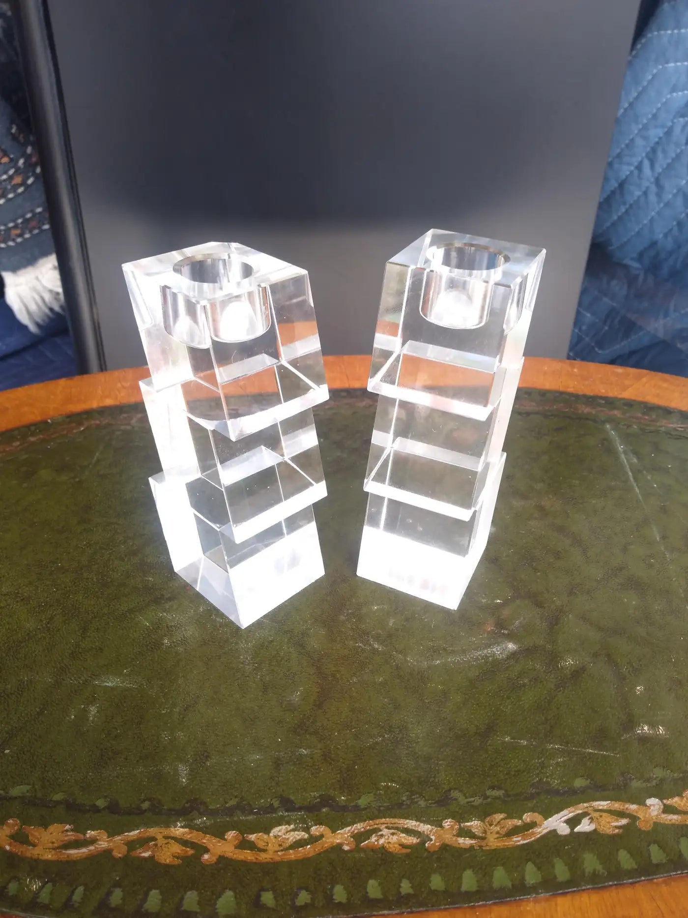 Elegant crystal stacked cube candleholders by Oleg Cassini