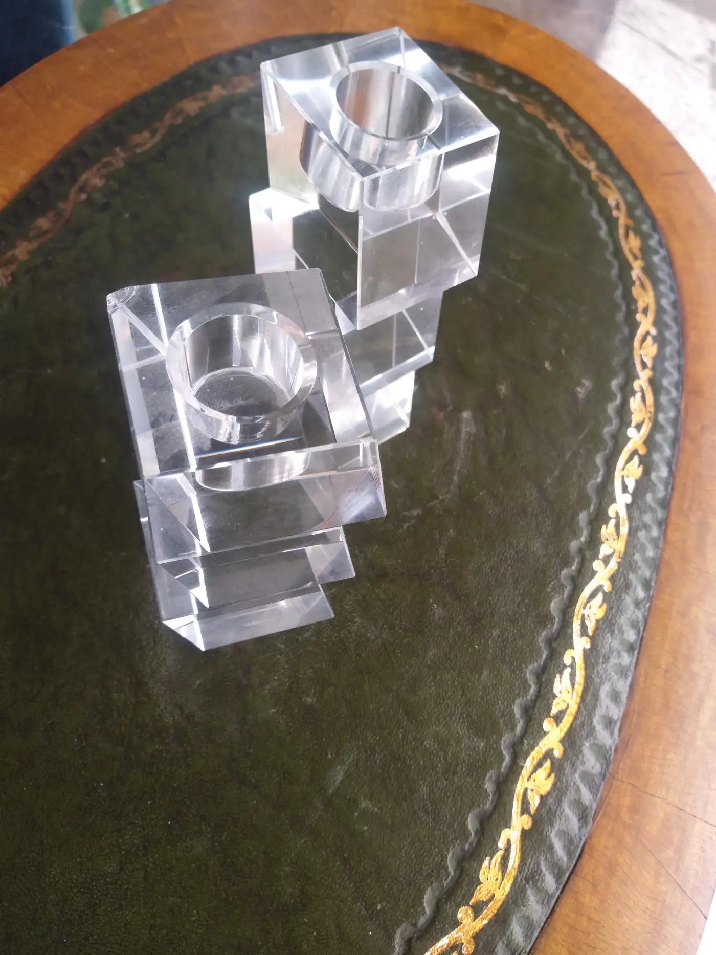 Decorative Oleg Cassini crystal candleholders with cube stacking