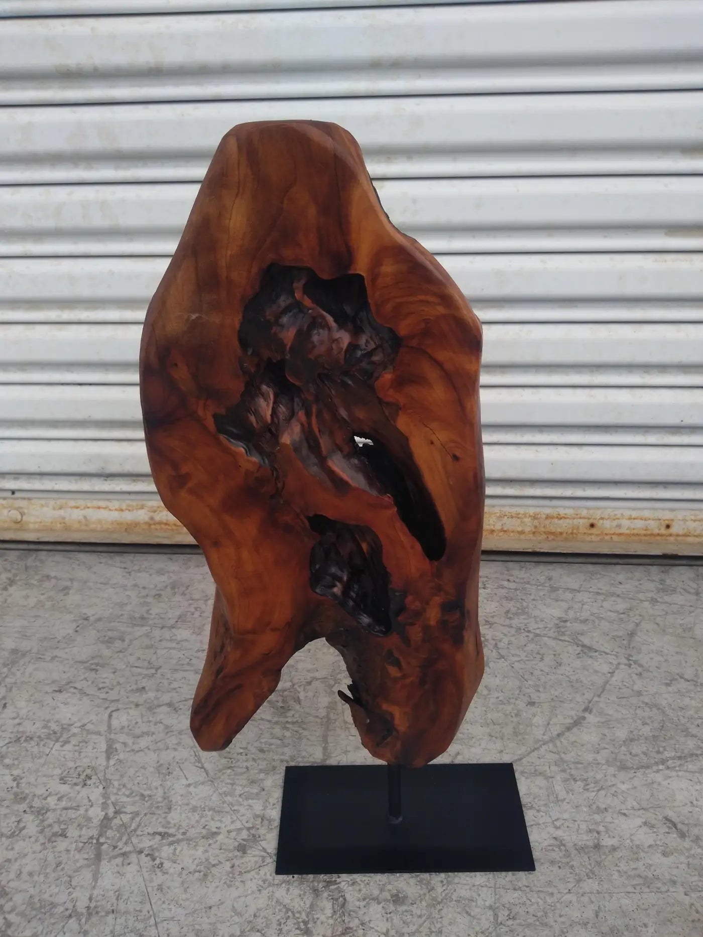 Unique abstract wood sculpture on a sleek metal base