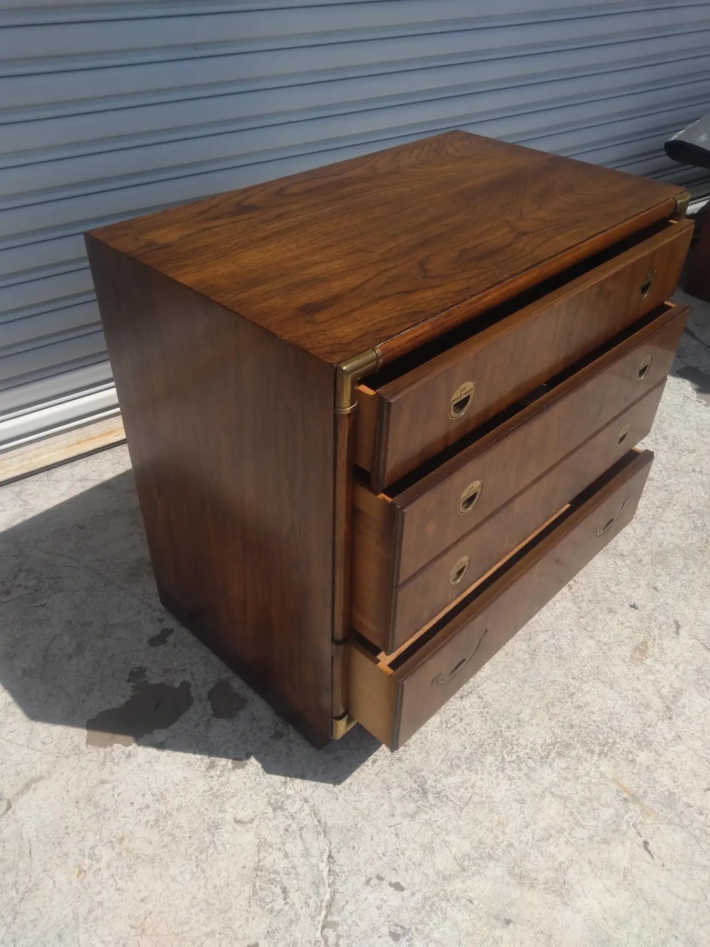Walnut Drexel campaign chest with three drawers