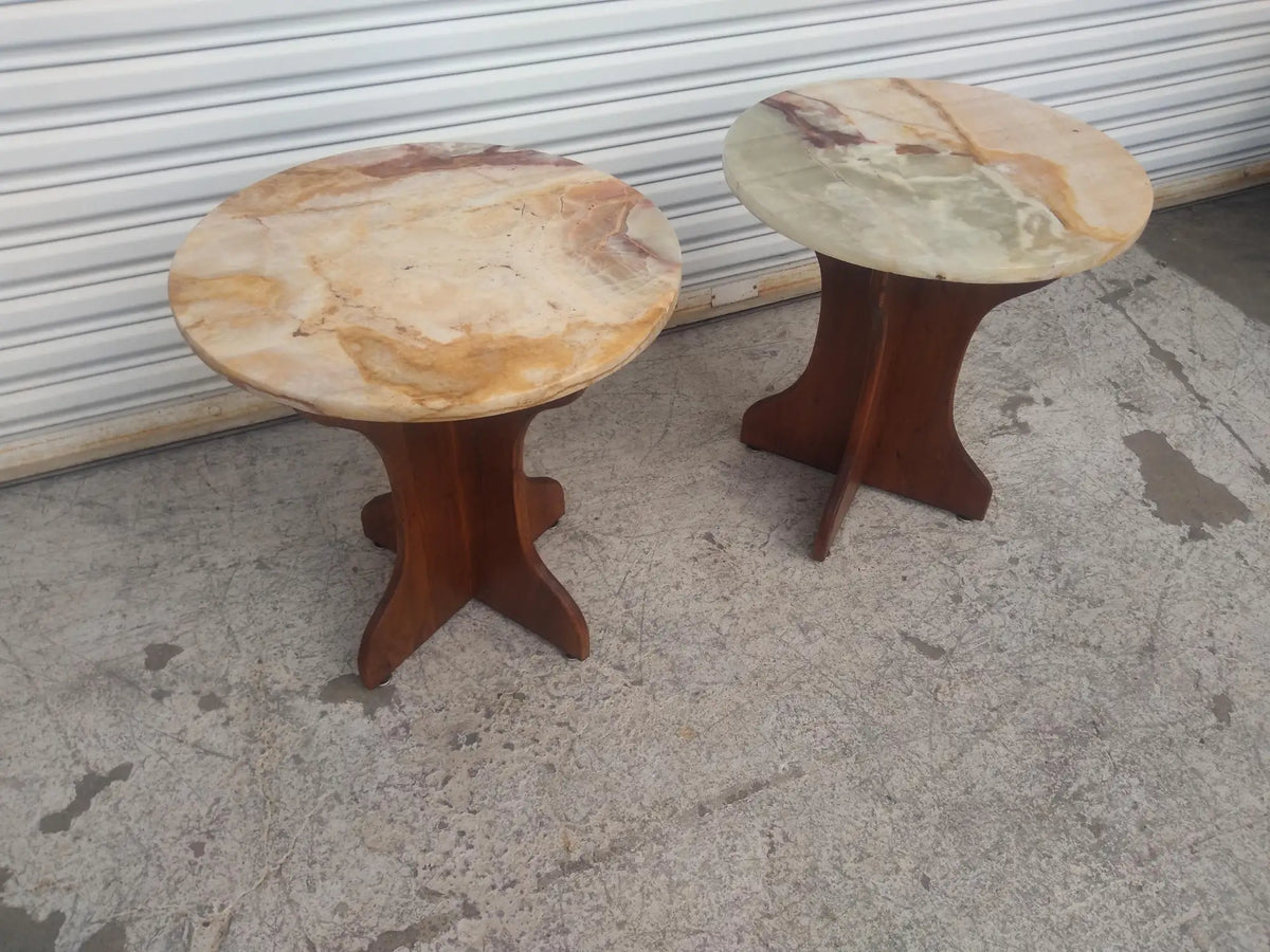 Pair of Pedestal Base End Tables with Onyx Tops
