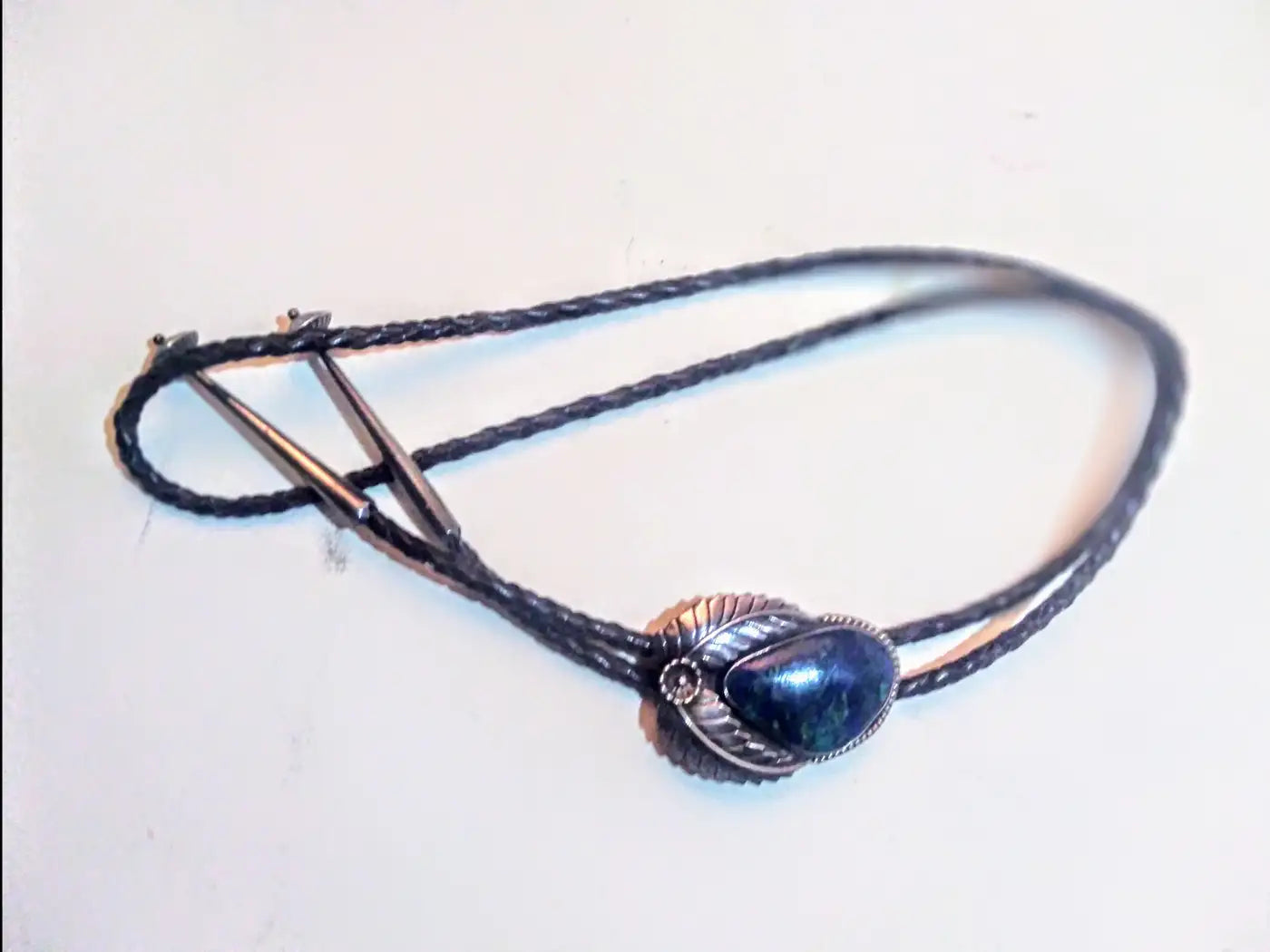 Unique Native American bolo tie with blue opal and sterling silver