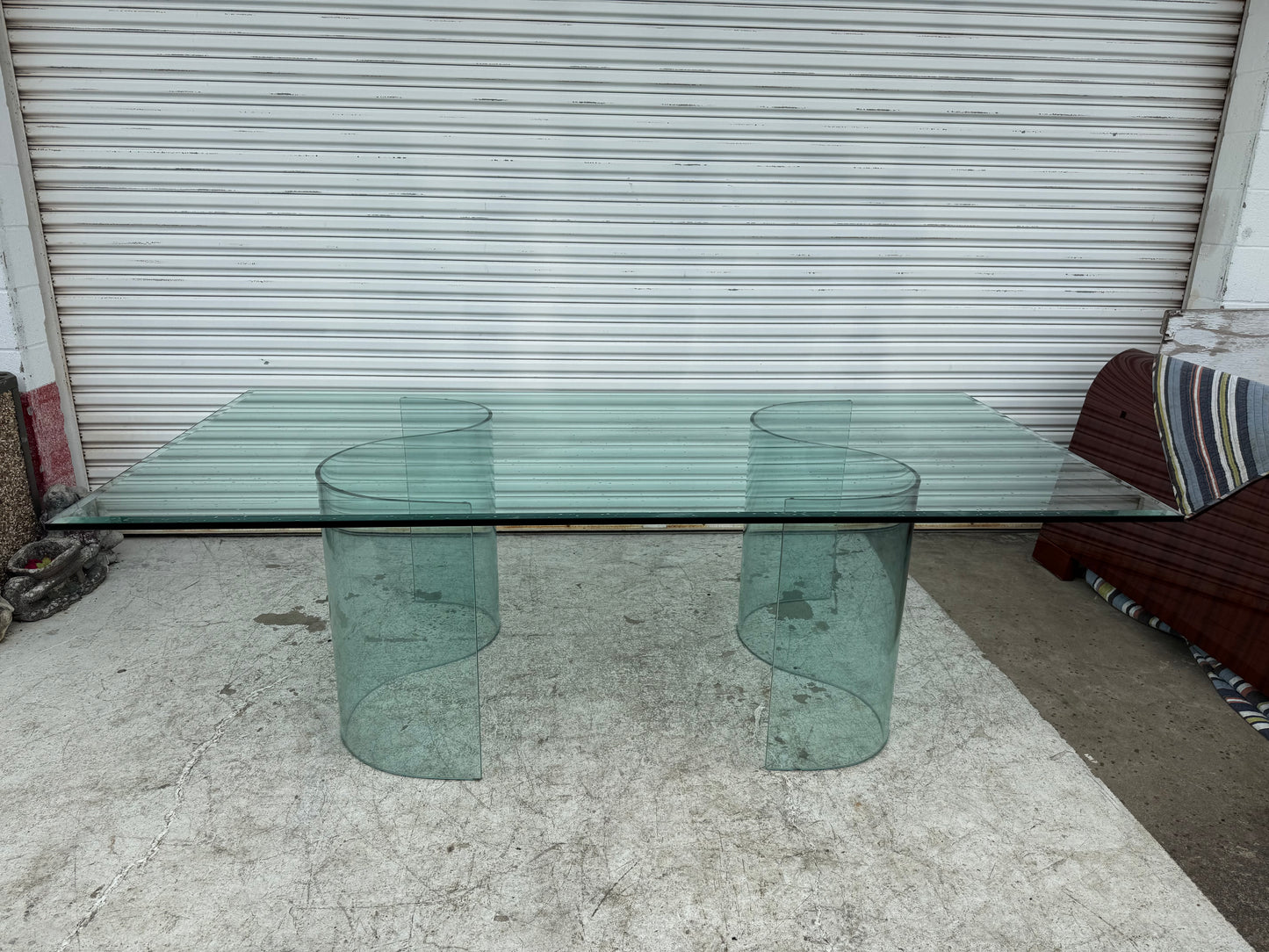Fiam Italia Large Glass Dining/Conference Table w/ 2 Wave-Shaped Glass Bases
