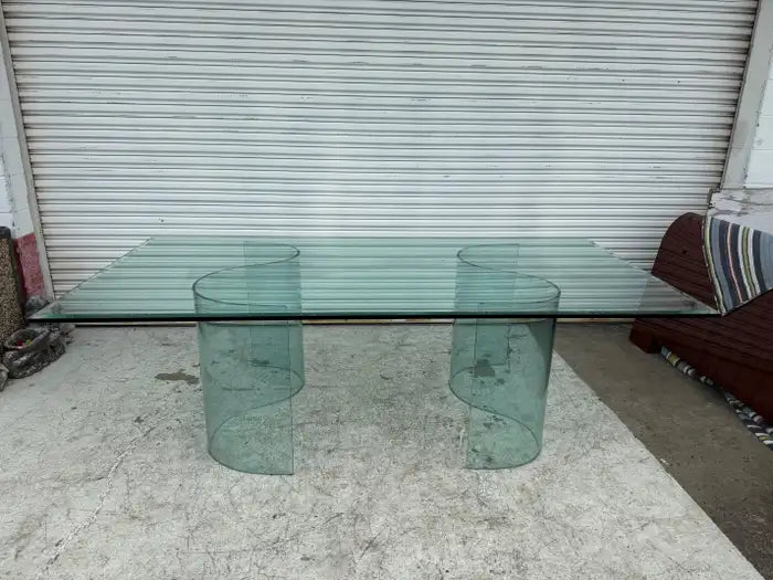 Fiam Italia Large Glass Dining/Conference Table w/ 2 Wave-Shaped Glass Bases