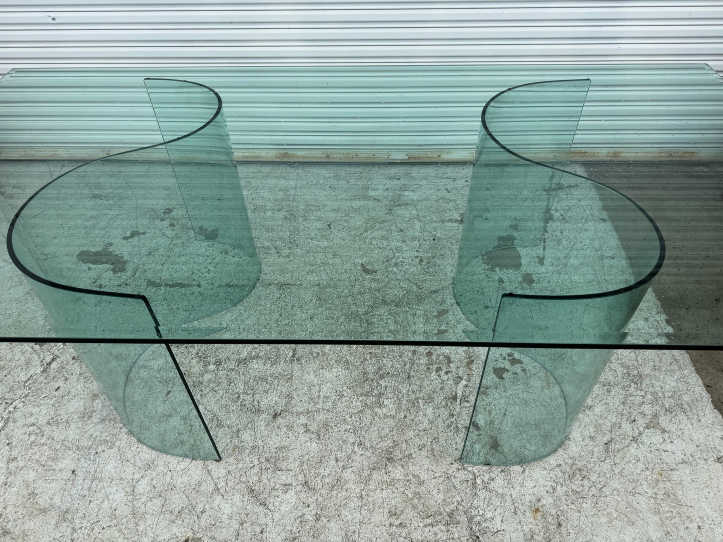 Fiam Italia Large Glass Dining/Conference Table w/ 2 Wave-Shaped Glass Bases