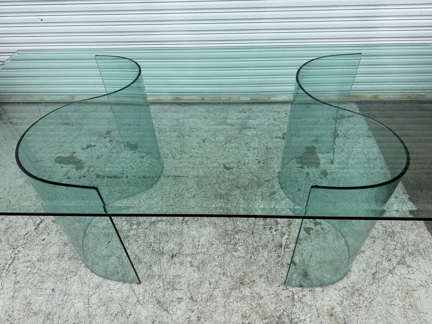 Fiam Italia Large Glass Dining/Conference Table w/ 2 Wave-Shaped Glass Bases