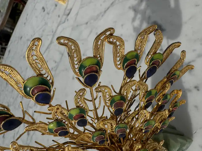 Vintage enamel peacock figurine Asian décor