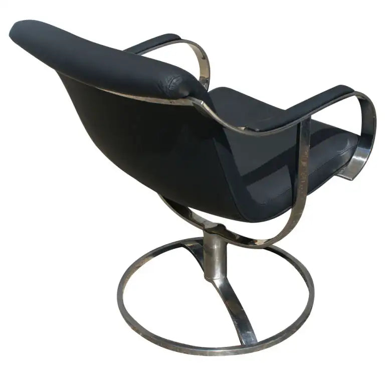 Chrome base black leather armchair