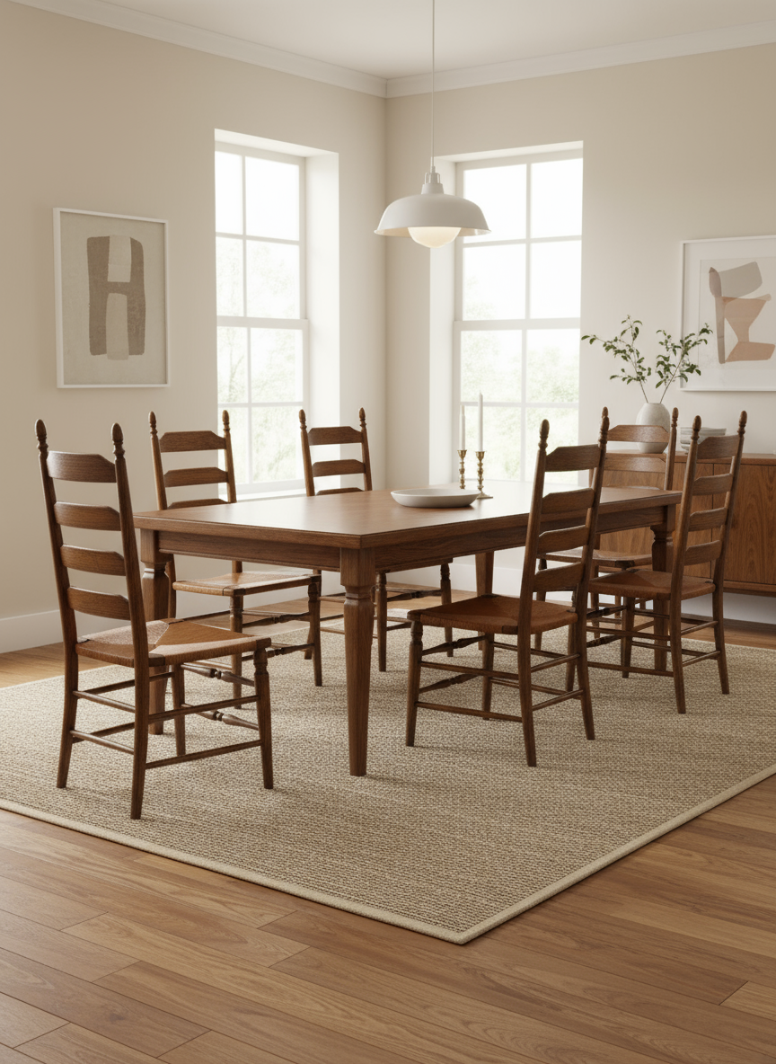Set of 6 Vintage Walnut Ladderback Rush Seat Dining Chairs