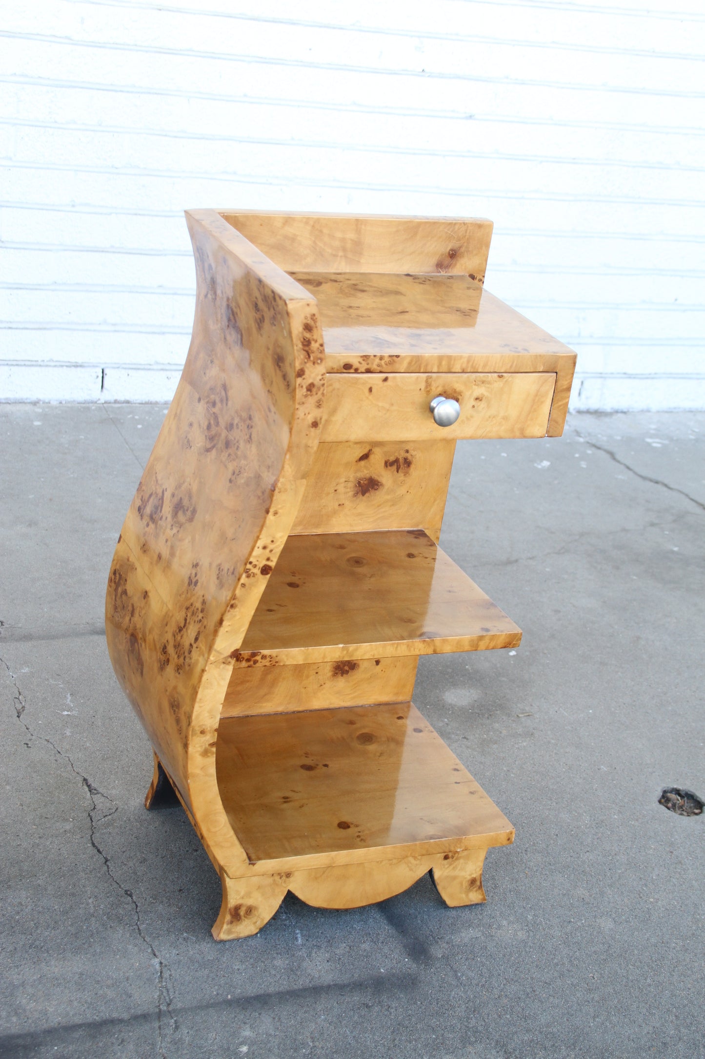 Side view of burled veneer nightstands