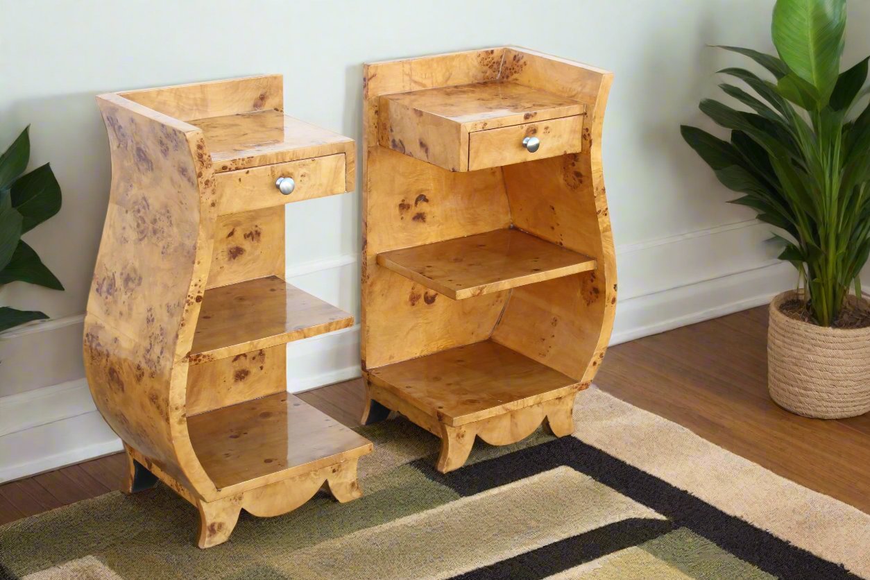 Art Deco burled nightstands front view