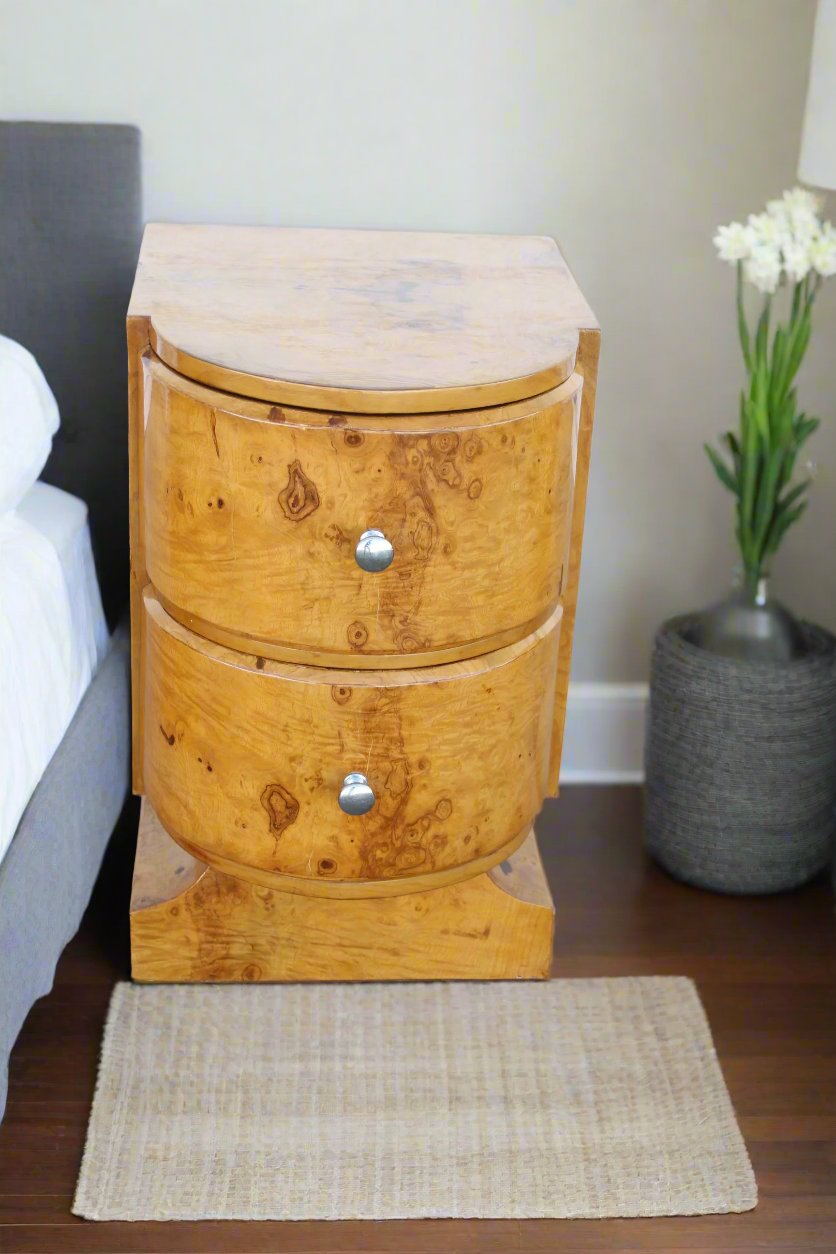Art Deco burled wood nightstands front view