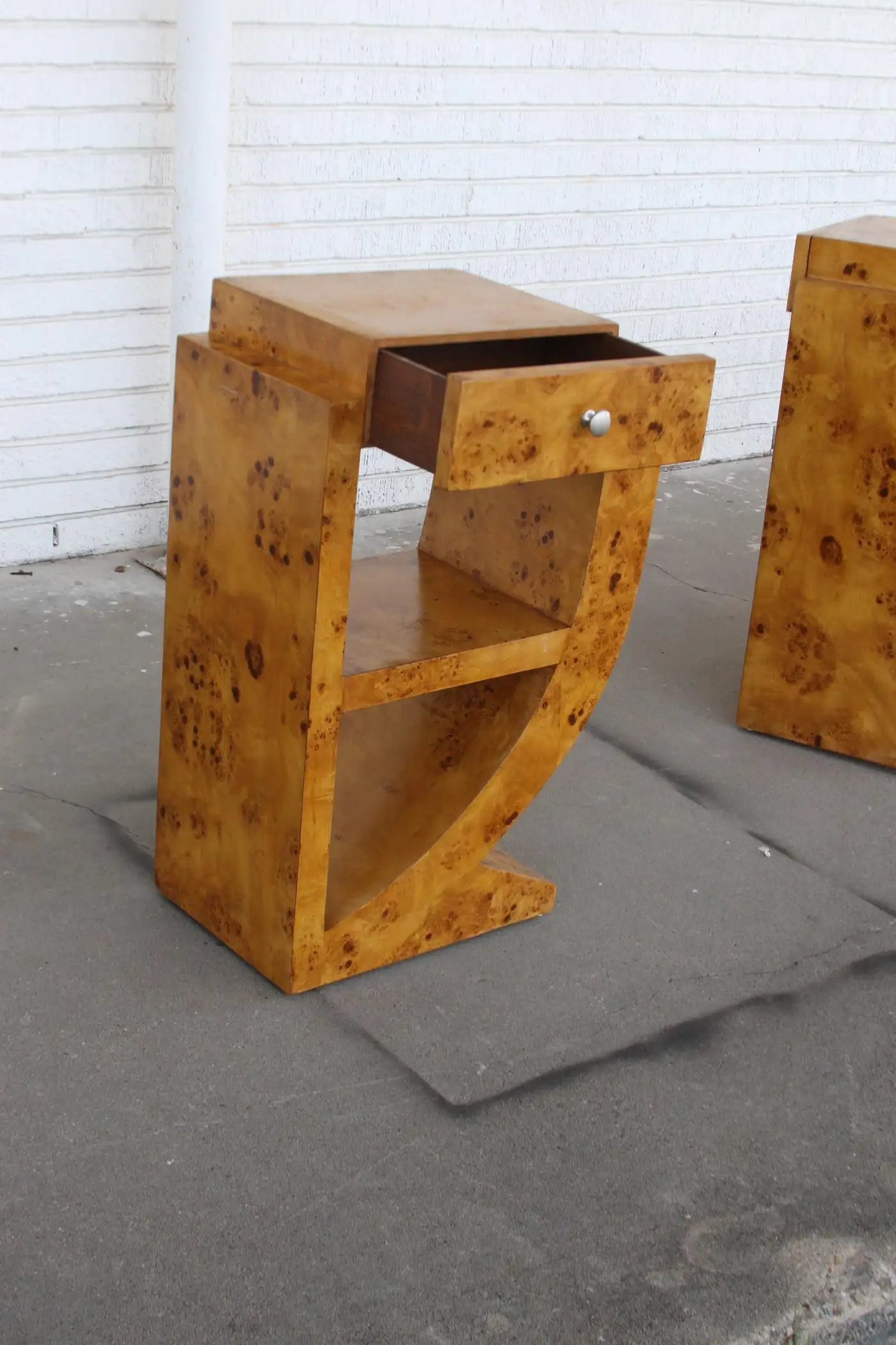 Vintage Art Deco burl wood nightstands with drawer