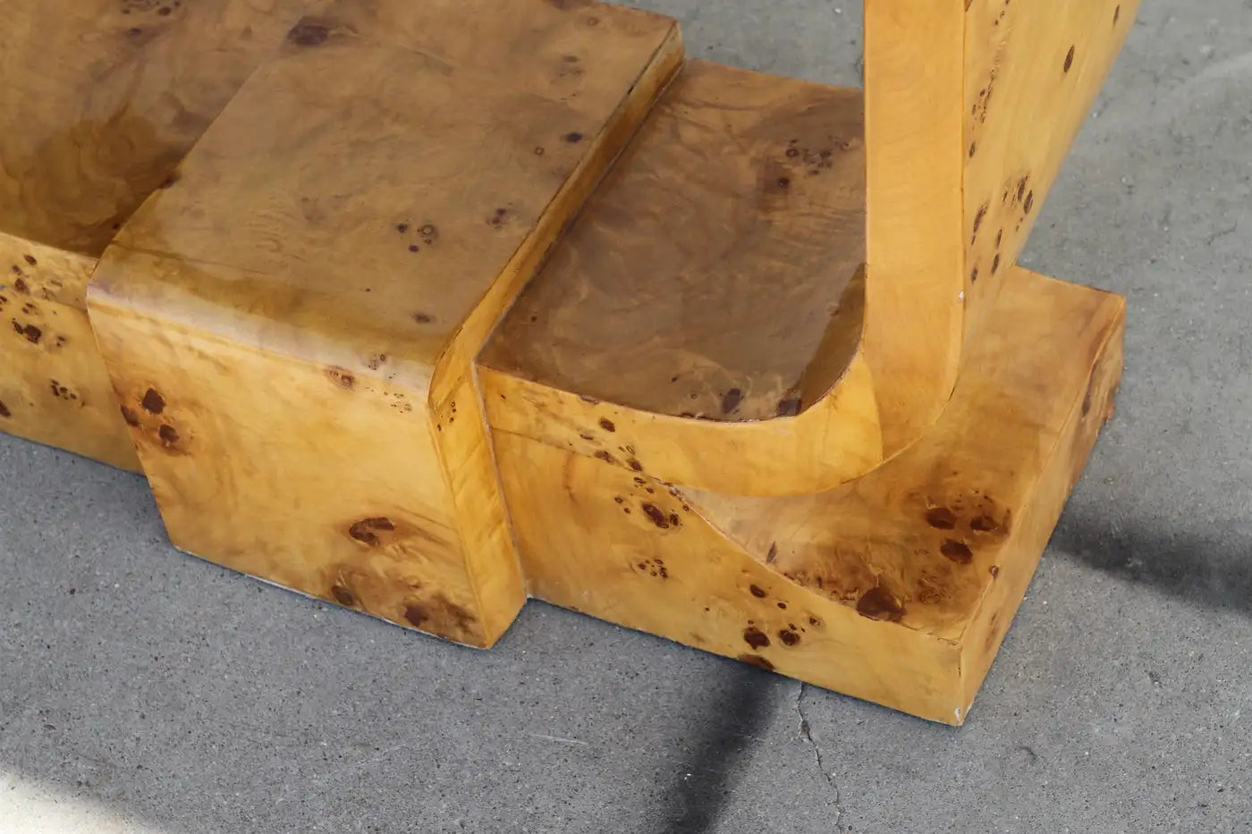 Unique Art Deco burl wood cabinet profile view