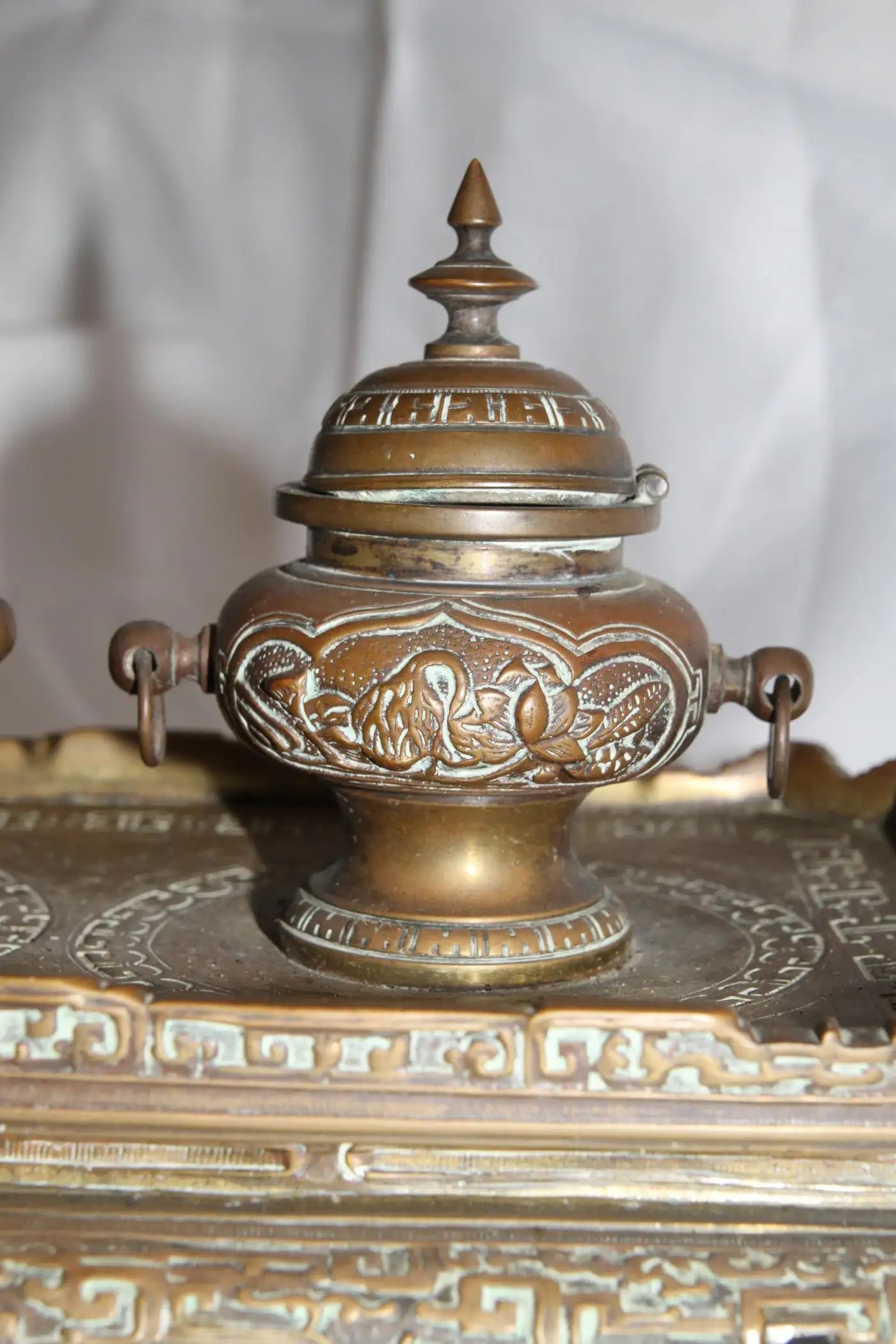 Vintage double inkwell with ornate brass detailing