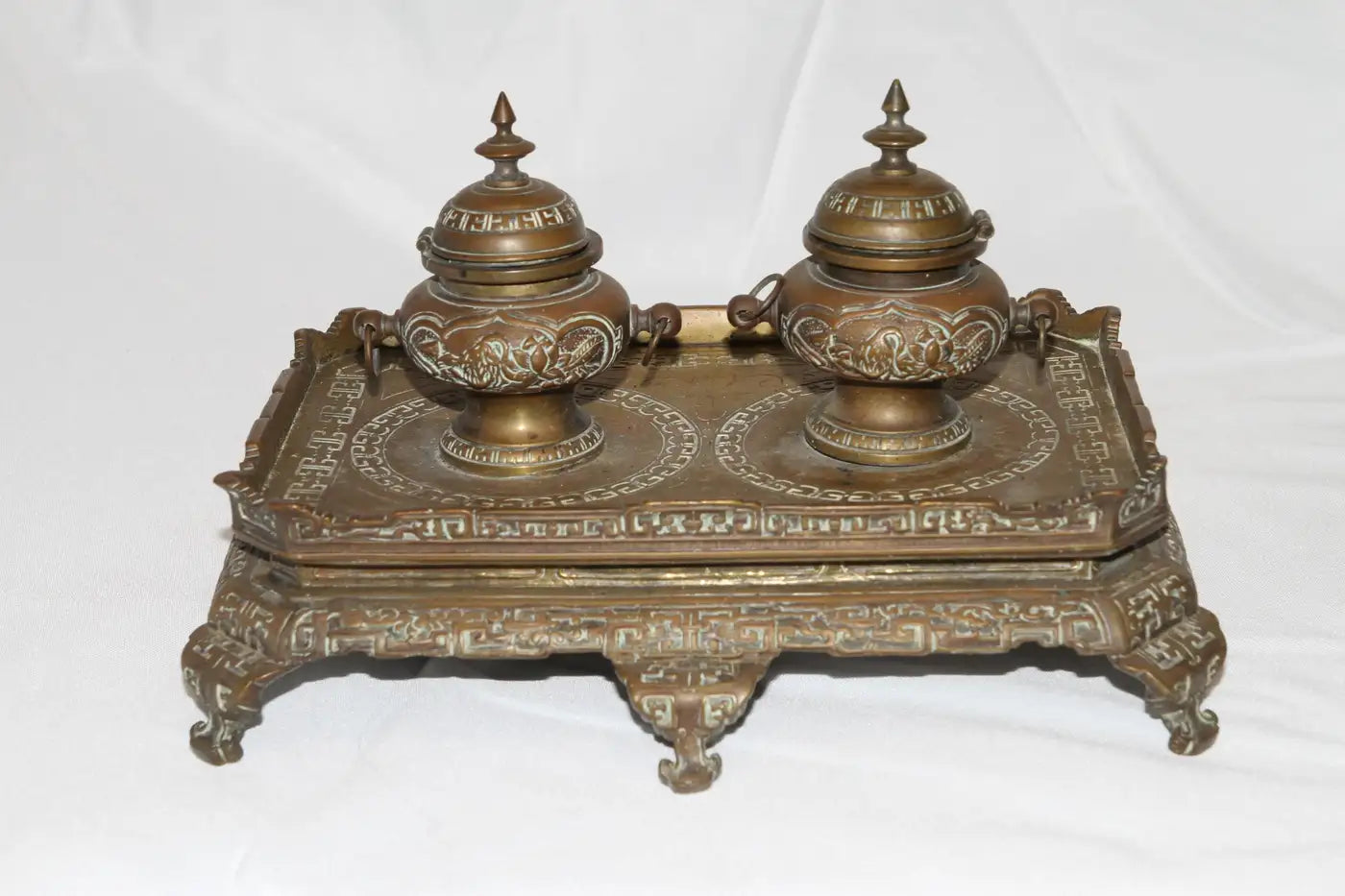Collectible Victorian brass inkwell set