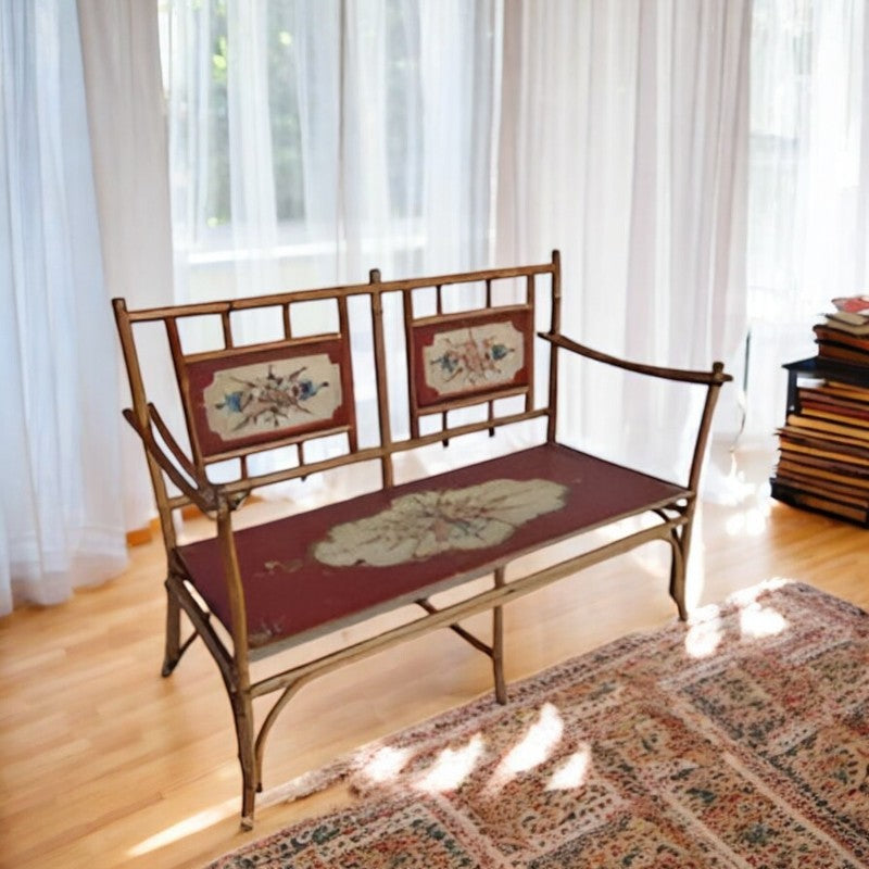 Vintage Faux Bamboo Bench Painted in A Floral Motif