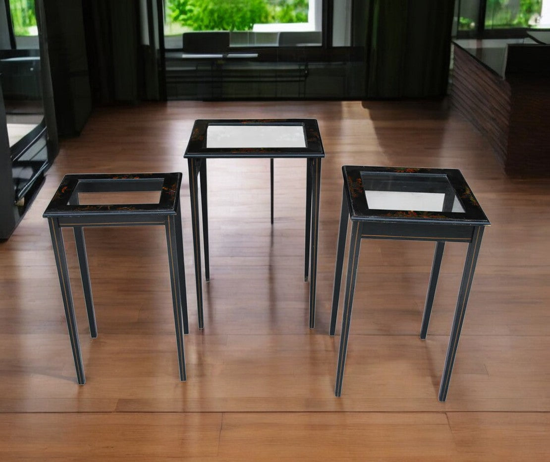 Vintage set of 3 chinoiserie japanned nesting tables