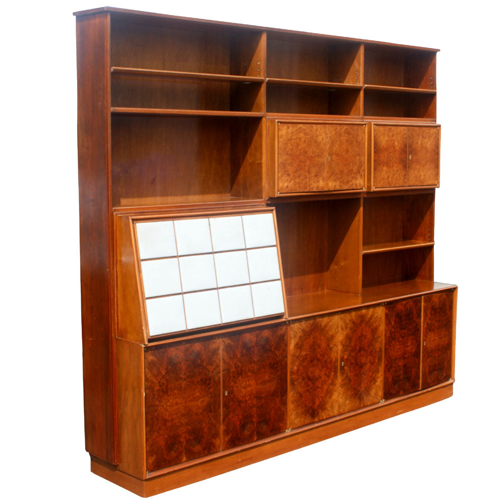 Vintage burl wall unit with cabinet and shelving