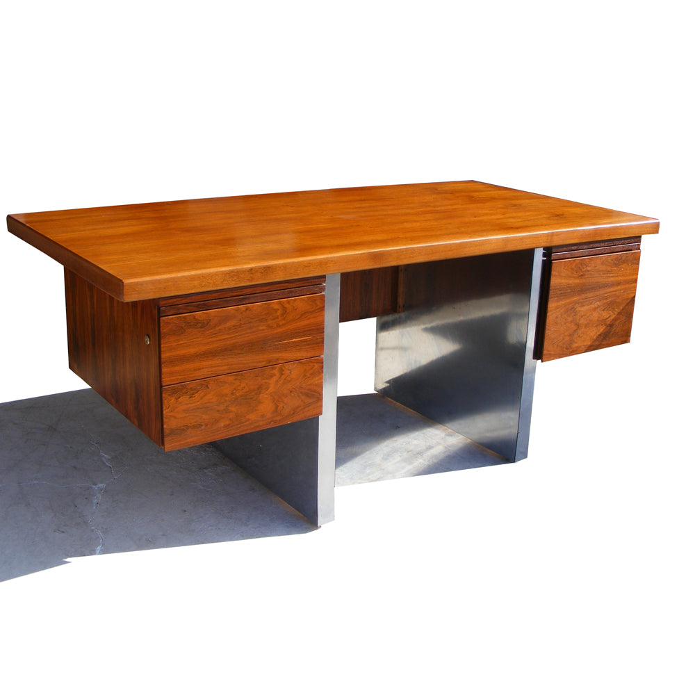 72″ vintage Dunbar Sprunger rosewood and stainless steel mid-century modern executive desk