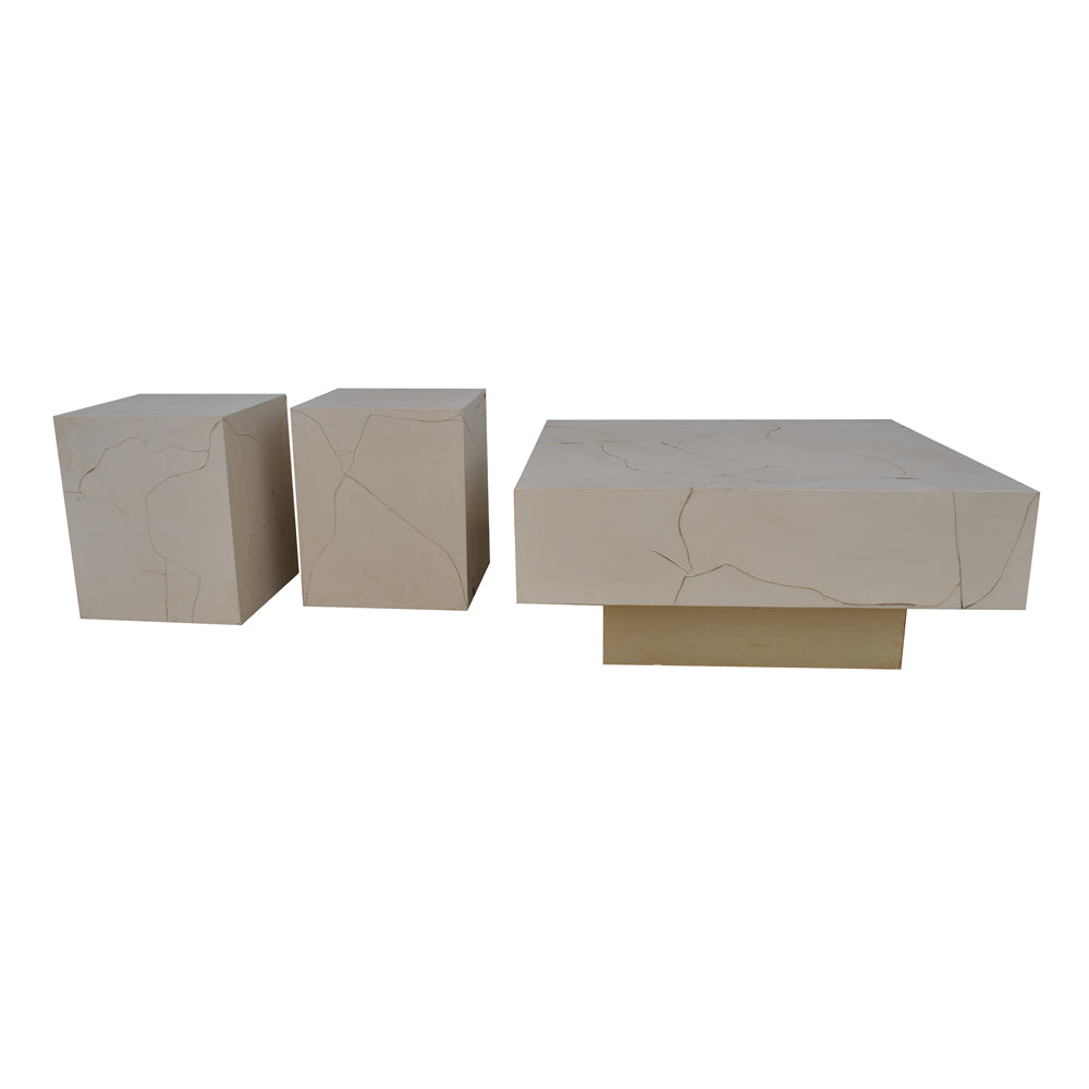 Parchment coffee table and pedestals set with vintage mid century design