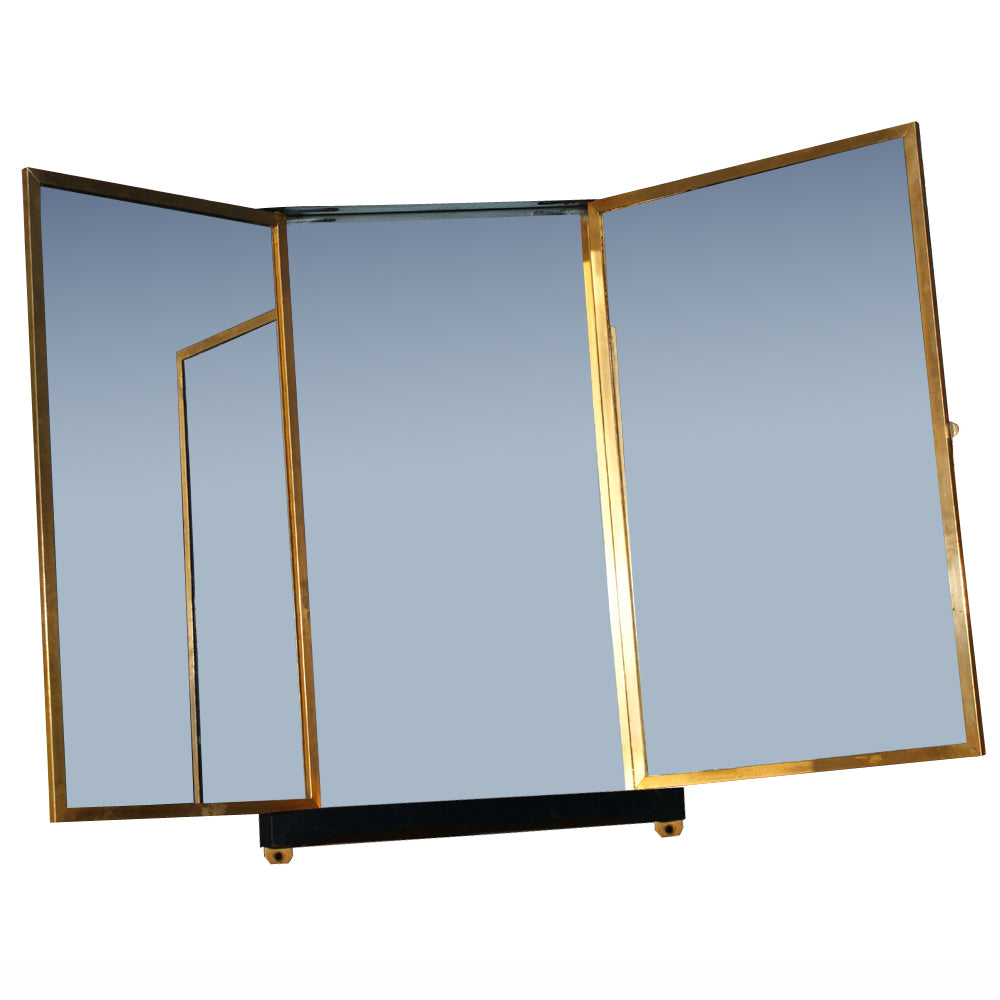 Rare French Brevete LB wood brass trifold wall vanity mirror
