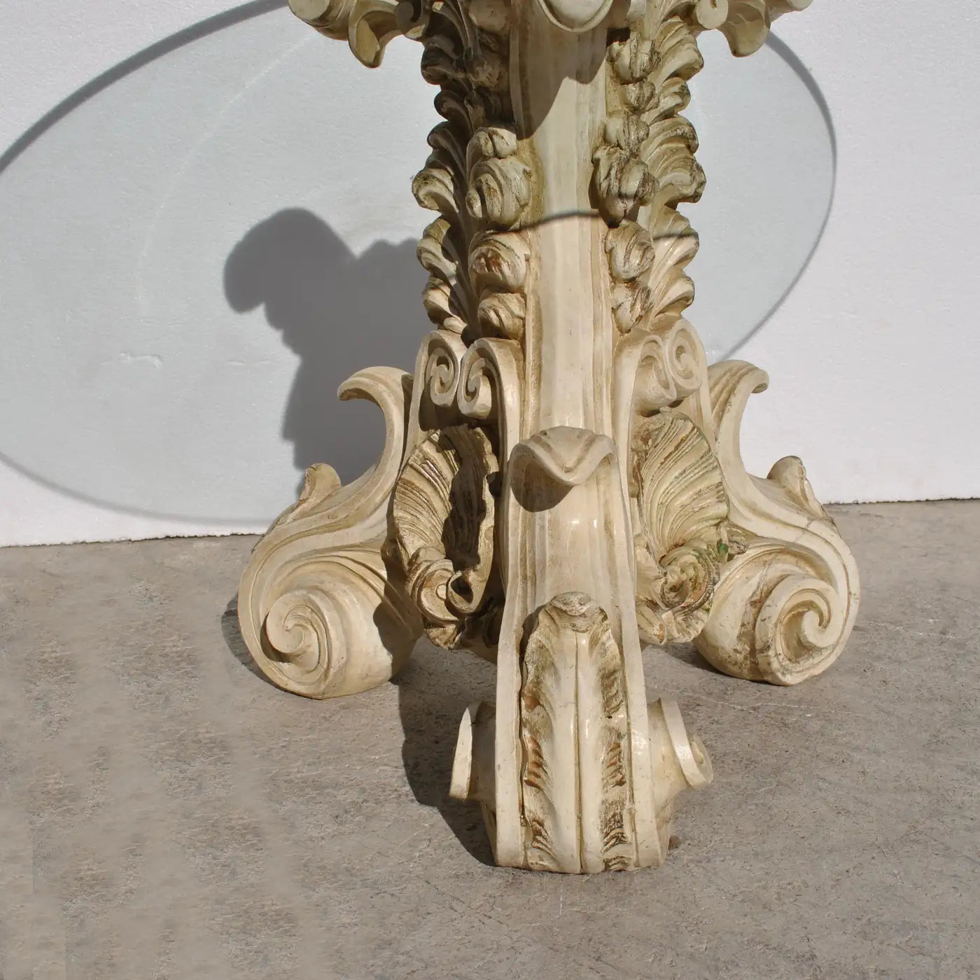 32″ Mid Century Coffee Table with Carved Ornate Base and Glass Top