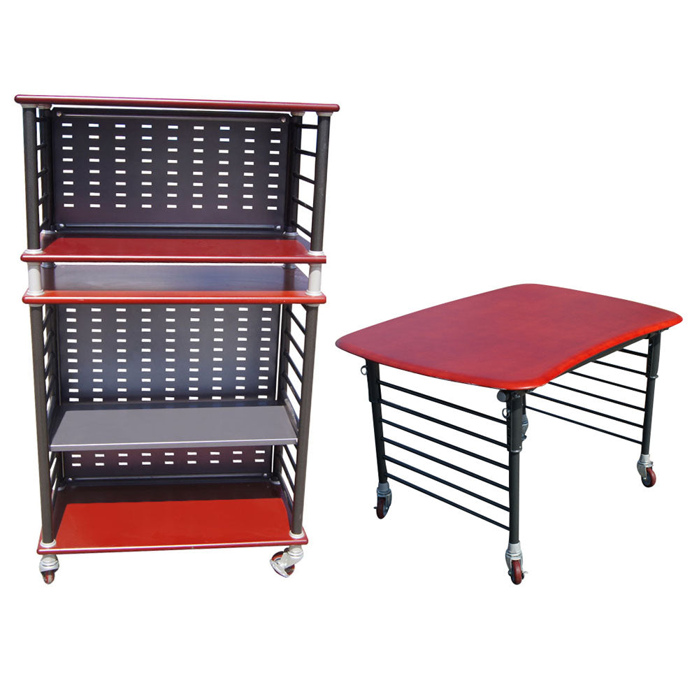 Haworth adjustable work table with metal utility storage cart, featuring ergonomic design and industrial modern office style