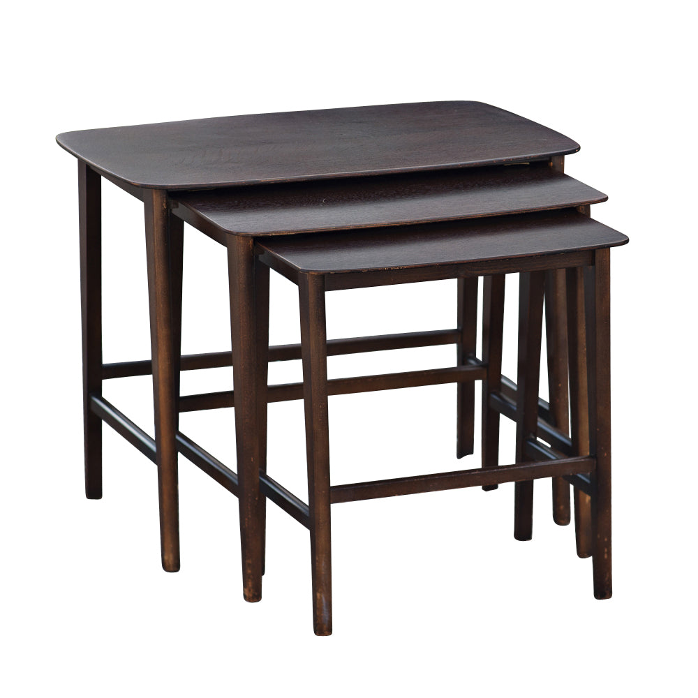 Vintage MCM nesting table set with sleek Danish design and space-saving style