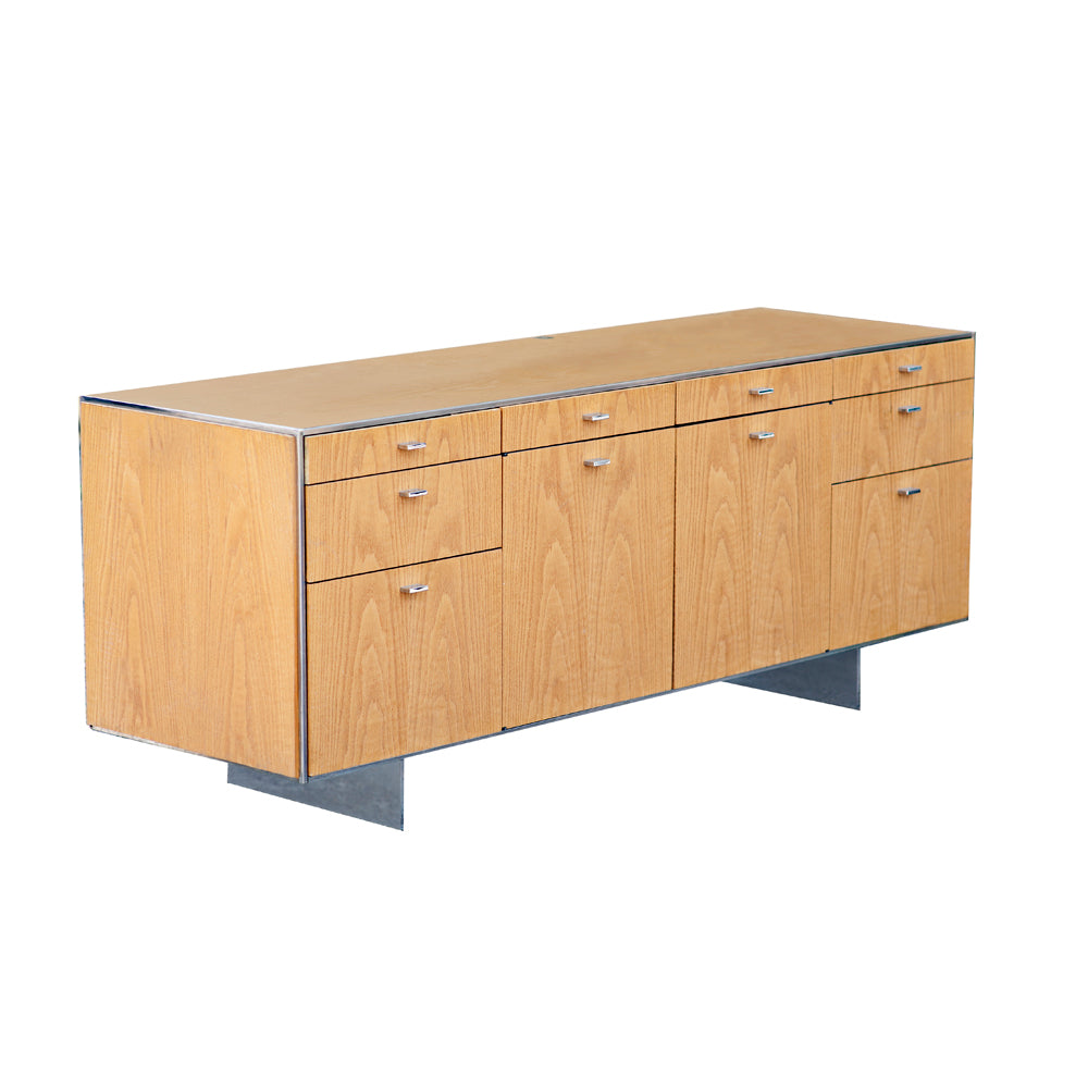 Vintage 64-inch oak credenza by Davis Allen featuring mid-century modern design and ample storage.