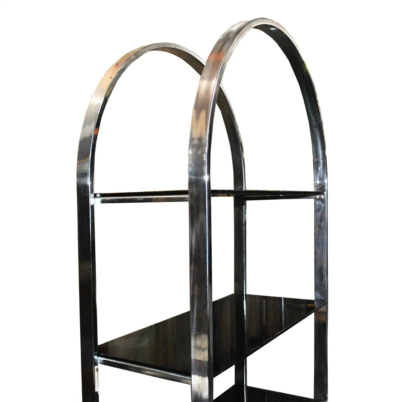 Milo Baughman style chrome shelving unit with clean minimalist design.