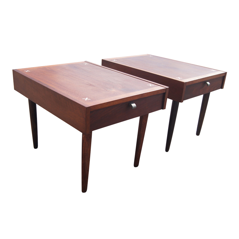 Pair of vintage American of Martinsville nightstands with aluminum inlays and mid-century modern design